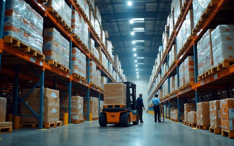Costco Stock Analysis 2026: inside a cavernous membership warehouse, towering steel racks hold palletized bulk goods—paper…