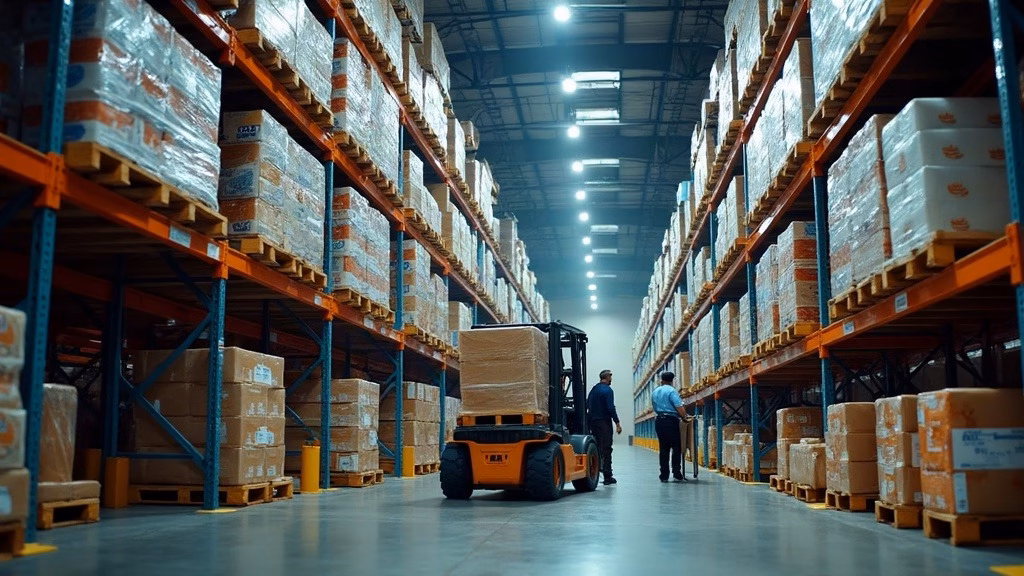 Costco Stock Analysis 2026: inside a cavernous membership warehouse, towering steel racks hold palletized bulk goods—paper…
