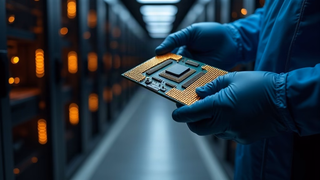 Intel stock analysis 2026: a gloved technician holds a server processor module by its substrate edges above an open socket…