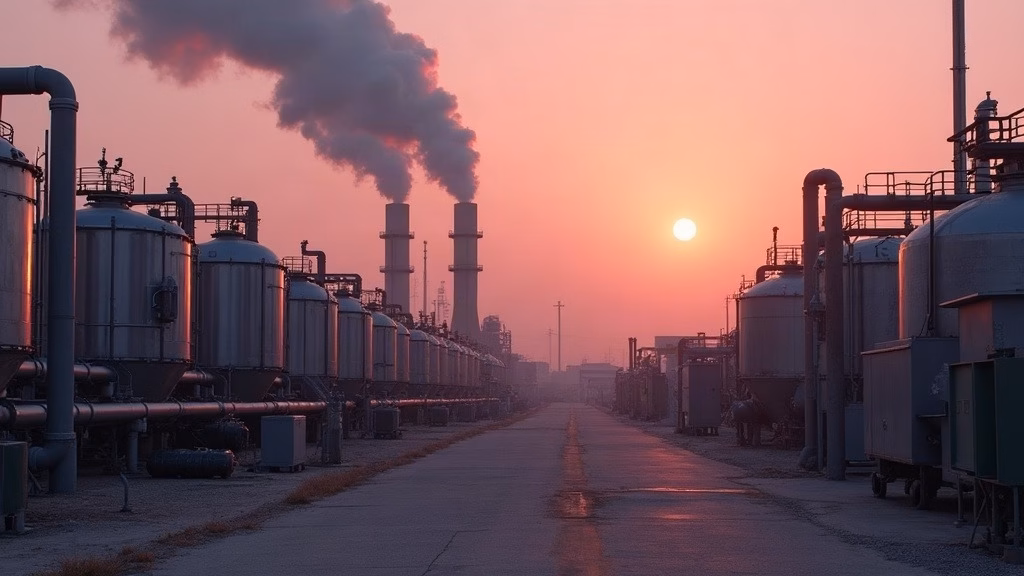 Intel stock analysis 2026: raw desert dawn illuminates a semiconductor fab's utility yard: ranks of stainless-steel ultrapure…