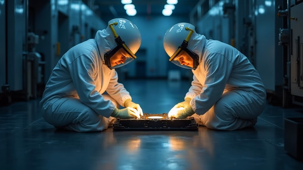 Intel stock analysis 2026: in a dim semiconductor cleanroom, two workers in full white bunny suits and face shields inspect a…