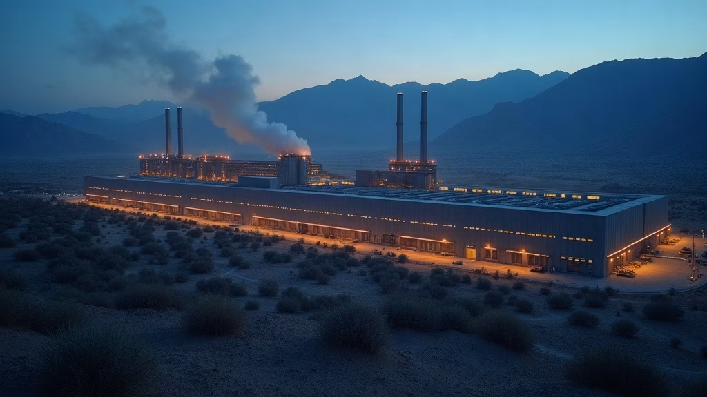Intel stock analysis 2026: at dusk, a sprawling advanced microprocessor fab complex spreads across high desert terrain, its…