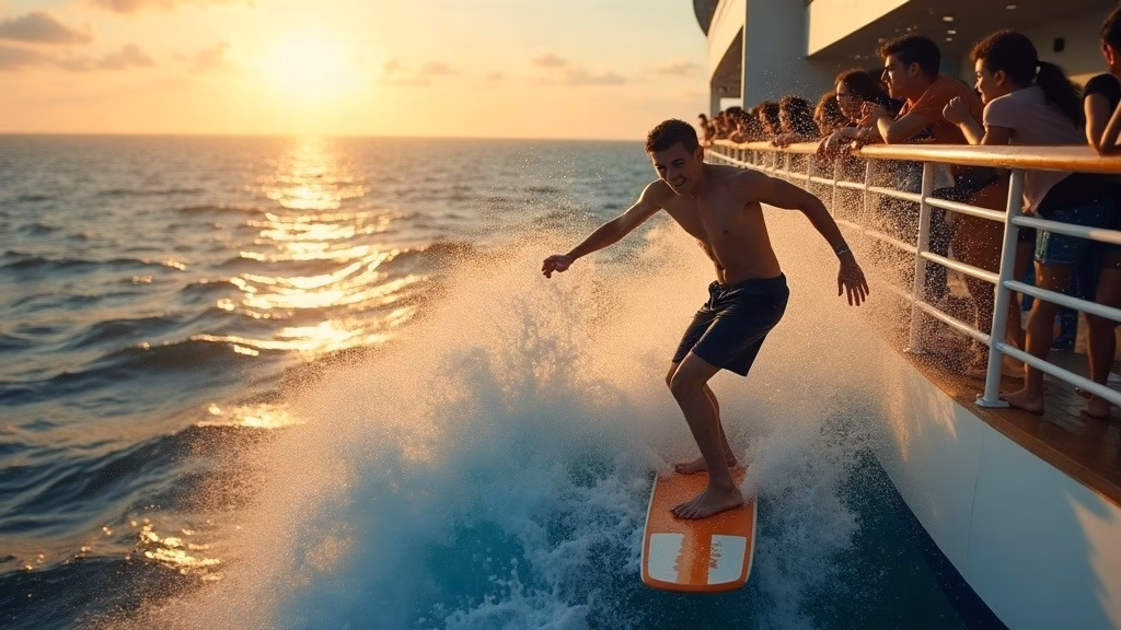Royal Caribbean Cruises Stock: close-up on the top deck of a massive cruise ship, a young passenger balancing on a surf simulator…