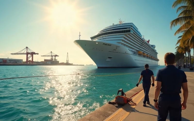 Royal Caribbean Cruises Stock: at a sunlit Caribbean cruise terminal, anonymous crew in navy uniforms handle heavy mooring lines…