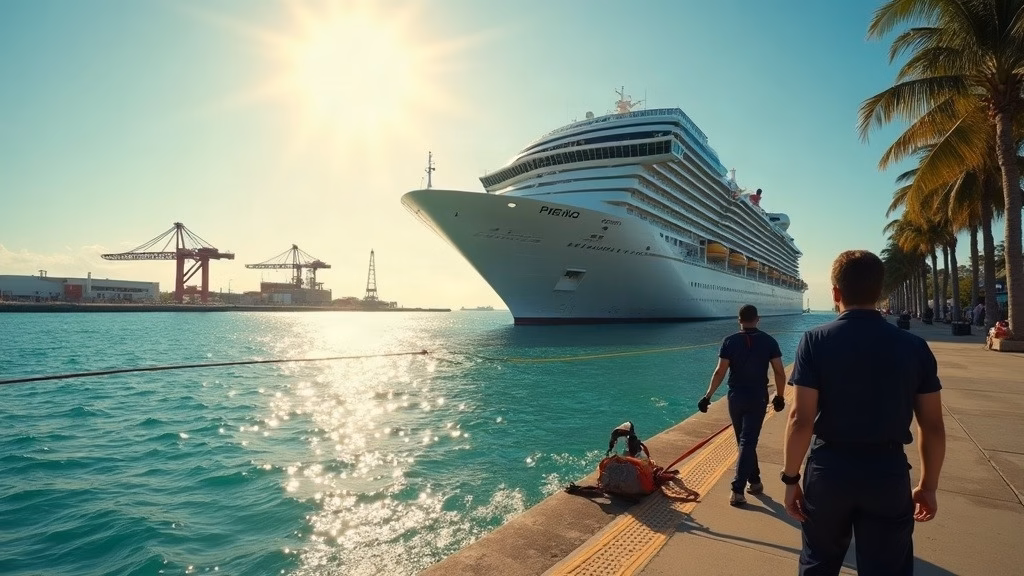 Royal Caribbean Cruises Stock: at a sunlit Caribbean cruise terminal, anonymous crew in navy uniforms handle heavy mooring lines…