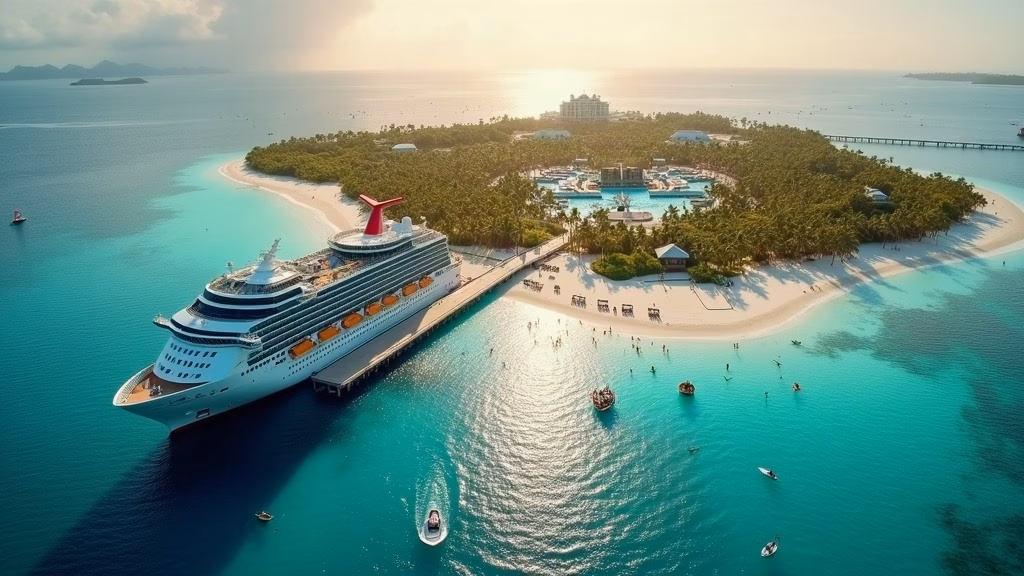 Royal Caribbean Cruises Stock: aerial view of a tropical private island in the Bahamas, a long pier connecting a docked mega…