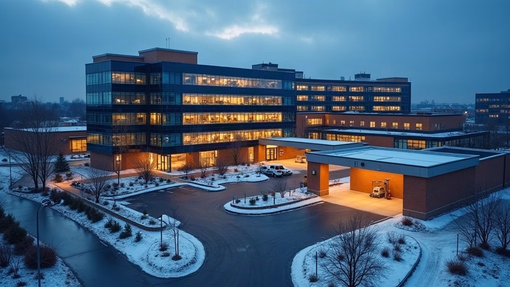 UnitedHealth Group Stock Analysis: wide editorial shot of a large Midwestern healthcare campus at dusk in winter, low-slung glass…