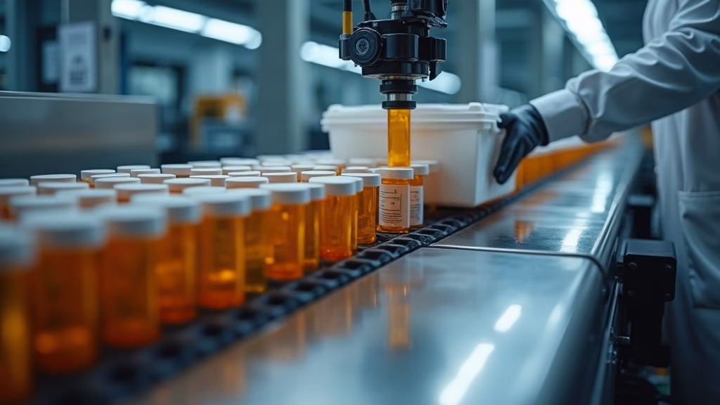 UnitedHealth Group Stock Analysis: close-up photograph on a high-volume mail-order pharmacy fulfillment line, rows of amber…