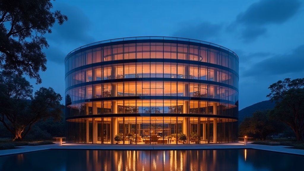 Apple stock analysis: twilight exterior of a colossal circular glass headquarters, four curved stories of seamless facade…