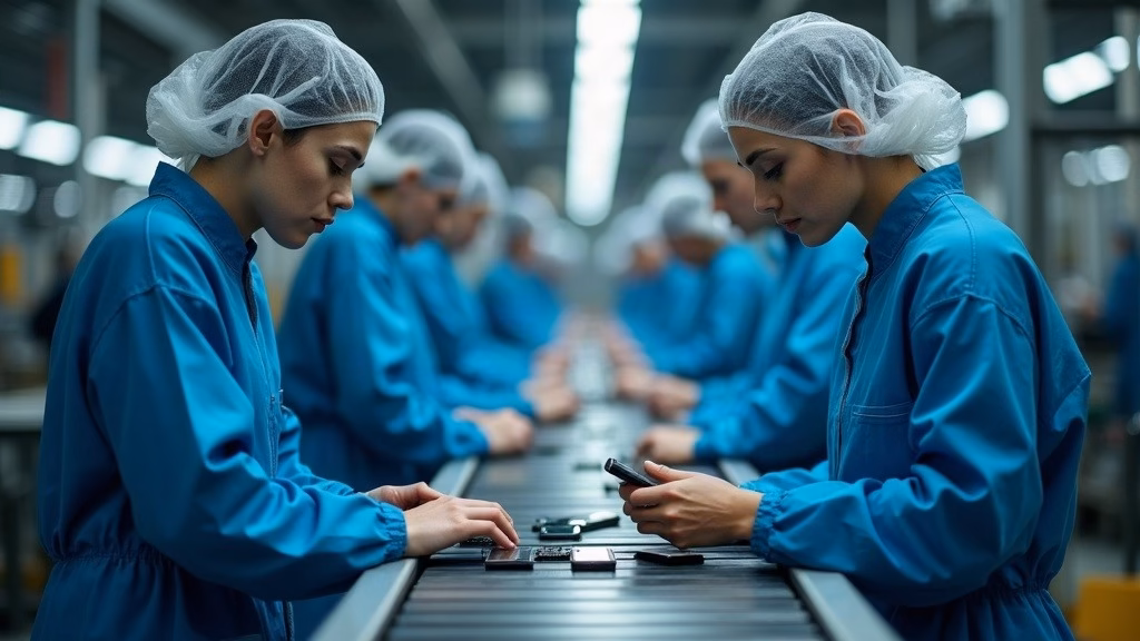 Apple stock analysis: anonymous workers in blue anti-static smocks and hairnets lean over a long conveyor, fitting tiny…