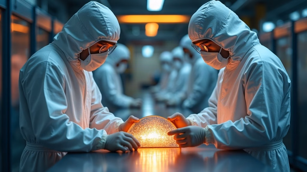 Apple stock analysis: two engineers in white bunny suits and nitrile gloves inspect a 300mm silicon wafer under amber…