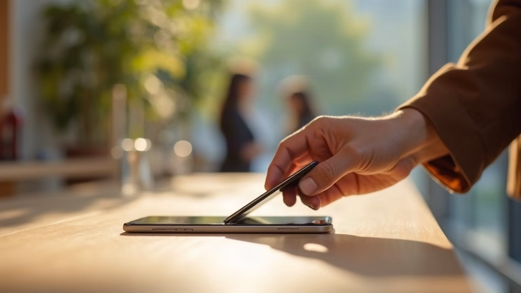 Apple stock analysis: close-up of two hands lifting a slim, edge-to-edge glass smartphone from a pale wood display table…