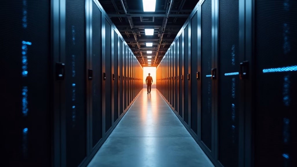 Amazon Stock Analysis: a data center corridor stretching into vanishing point, tall black server racks humming with blue…