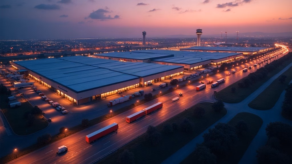Amazon Stock Analysis: aerial twilight view of a sprawling logistics campus beside an airport runway, long warehouse…