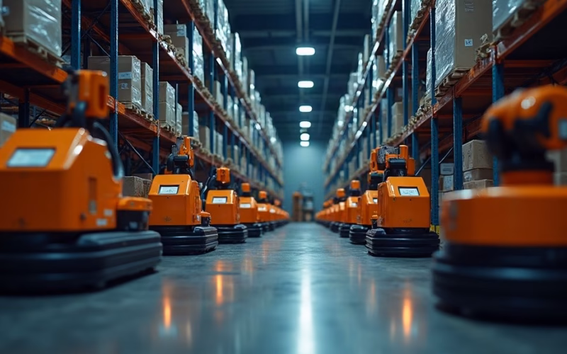 Amazon Stock Analysis: a vast fulfillment center floor at dusk, rows of orange robotic drive units carrying shelving pods…