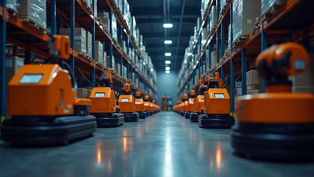 Amazon Stock Analysis: a vast fulfillment center floor at dusk, rows of orange robotic drive units carrying shelving pods…