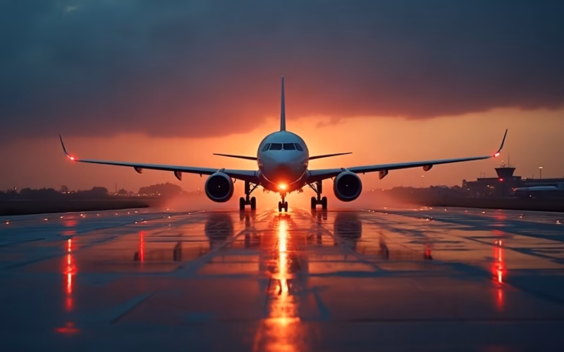Delta Air Lines: at a vast southeastern airline hub, a wide-body twin-engine jet rolls along a rain-slicked taxiway…