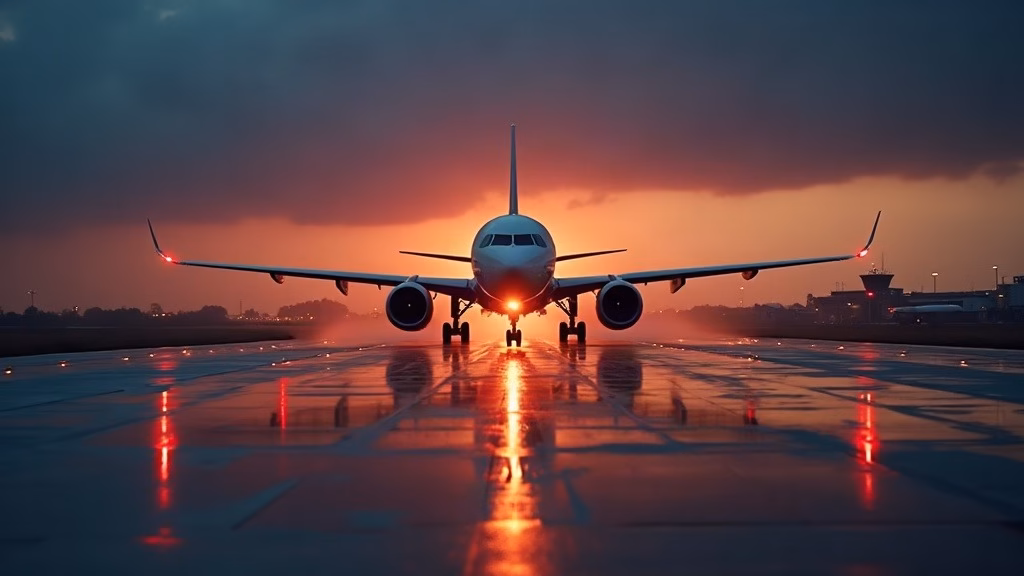 Delta Air Lines: at a vast southeastern airline hub, a wide-body twin-engine jet rolls along a rain-slicked taxiway…