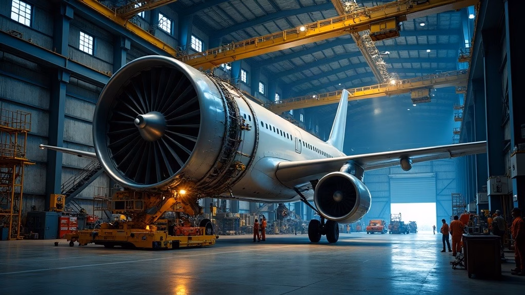 Delta Air Lines: inside a cavernous airline maintenance hangar, an enormous turbofan engine hangs from a gantry…