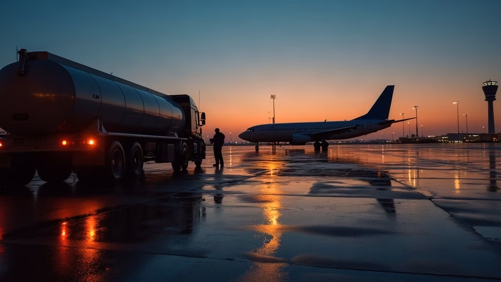 Delta Air Lines: at a busy airport apron before dawn, a fuel truck's hose connects to a jet's wing, ground crew…