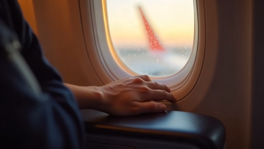 Delta Air Lines: close-up of an airline passenger's hand resting on a leather armrest beside a window, jet wing…