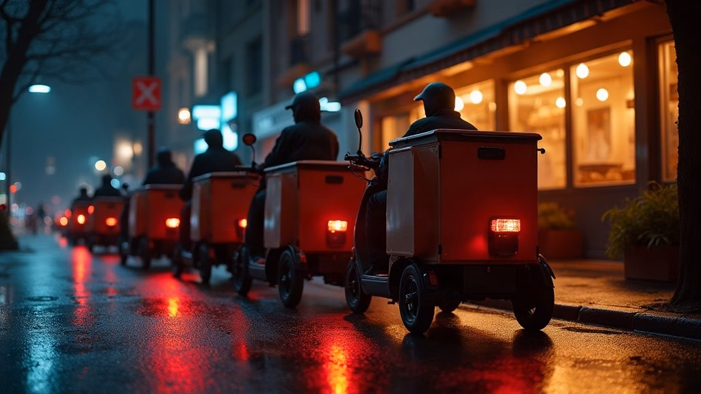 Delivery Hero stock analysis: at night, a row of delivery scooters and e-bikes parks along a wet restaurant-lined street, plain…