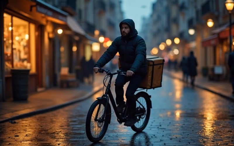 Delivery Hero stock analysis: a food-delivery courier on an electric bicycle rides through a dense European city street at dusk…