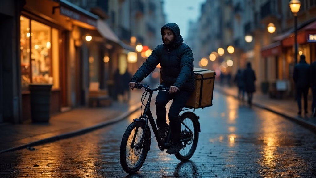 Delivery Hero stock analysis: a food-delivery courier on an electric bicycle rides through a dense European city street at dusk…