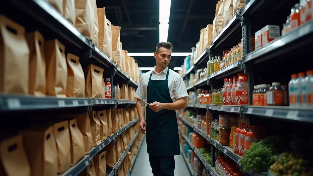 Delivery Hero stock analysis: inside a quick-commerce dark store, tall steel shelves hold plain unmarked paper grocery bags…