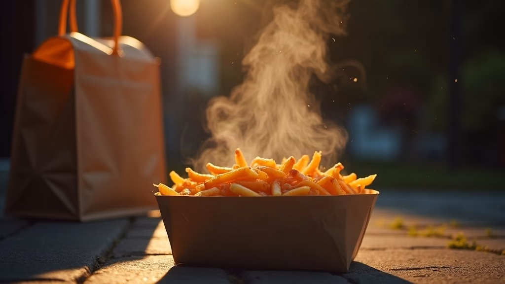 Delivery Hero stock analysis: close-up of a warm takeaway meal in a plain compostable container beside an insulated delivery bag…