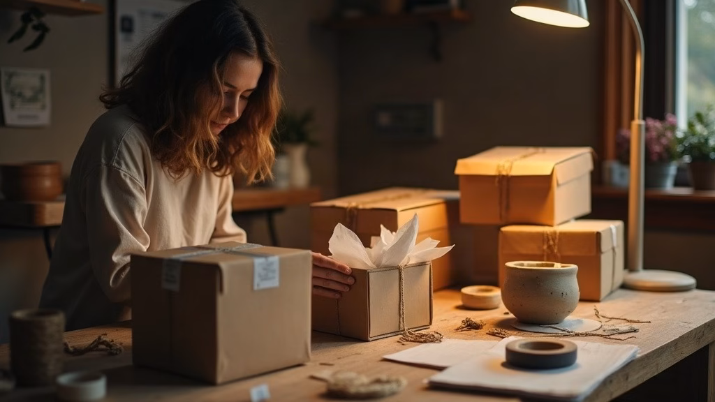 Etsy stock analysis 2026: photorealistic documentary scene of a small seller packing handmade ceramics into kraft cardboard…