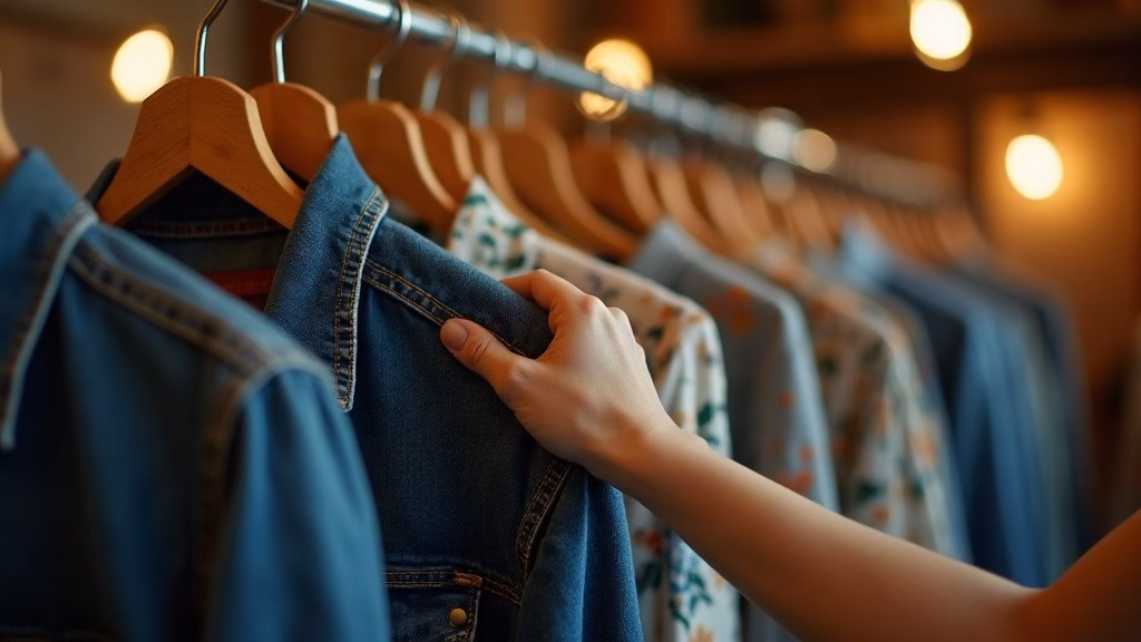 Etsy stock analysis 2026: photorealistic close-up of vintage clothing rack in a boutique, wooden hangers holding faded denim…