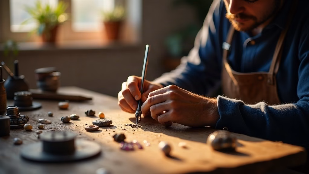 Etsy stock analysis 2026: photorealistic editorial photograph of an artisan jewelry maker at a scarred wooden workbench…