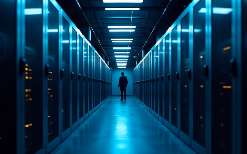 FICO stock analysis: secure data center server hall with cool blue lighting, endless rows of racks receding in…