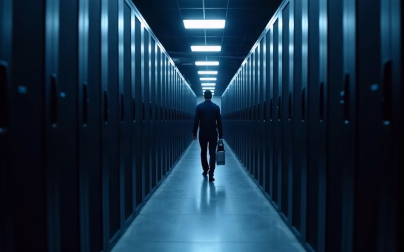 GOOGL stock analysis: inside an Alphabet hyperscale data center, a long aisle of black server racks recedes under cool…