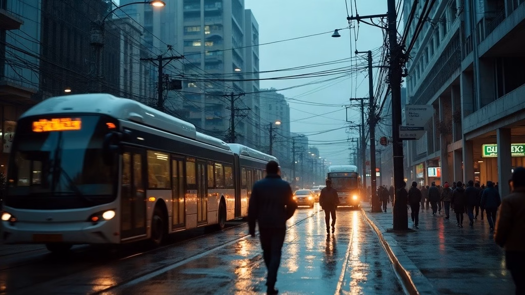 Inter & Co stock analysis: rain-slicked São Paulo commuter corridor at rush hour, anonymous workers walking past a modern…