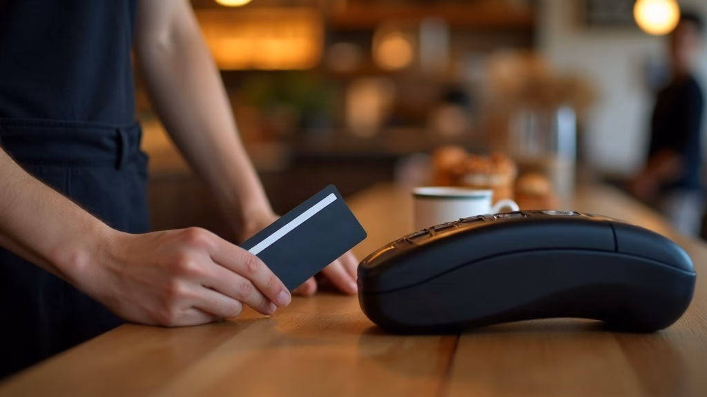 Inter & Co stock analysis: close-up of an Inter & Co customer's hand holding an unbranded matte black card near a plain card…