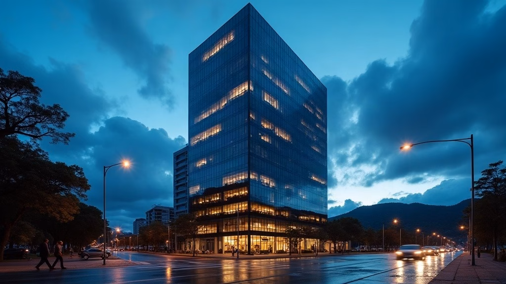 Inter & Co stock analysis: low-angle dusk view of Inter & Co's contemporary glass-and-steel headquarters tower in Belo…