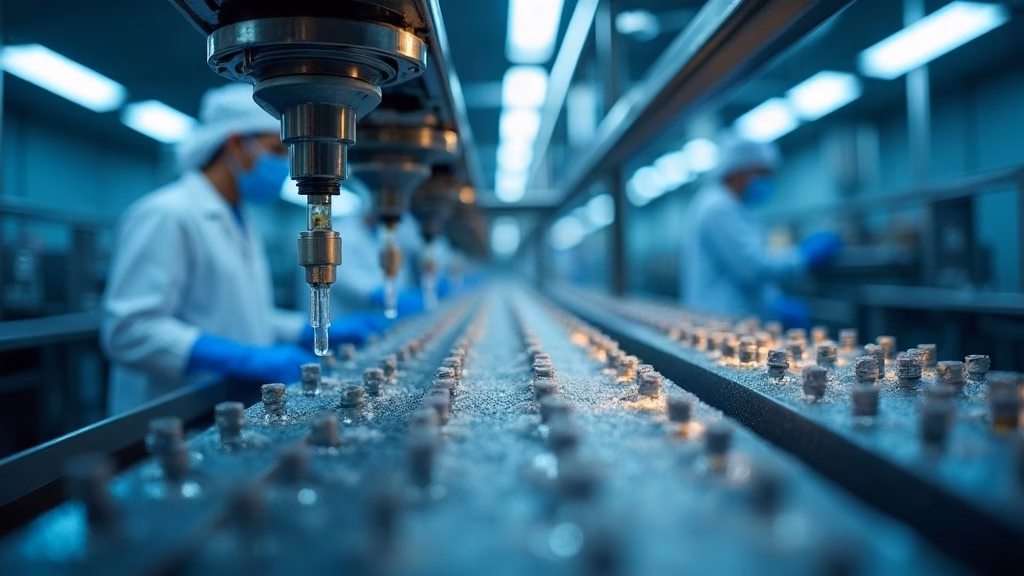 Johnson & Johnson stock analysis: inside a sterile pharmaceutical cleanroom, a high-speed filling line dispenses clear monoclonal…