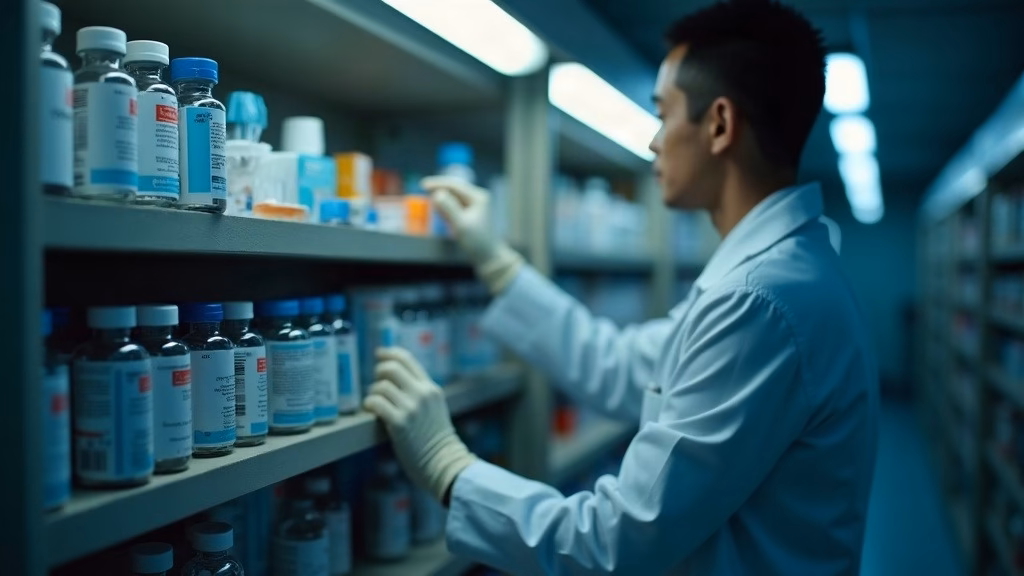 Johnson & Johnson stock analysis: close-up on a hospital pharmacy shelf at night, glass vials of monoclonal antibody medicines and IV…