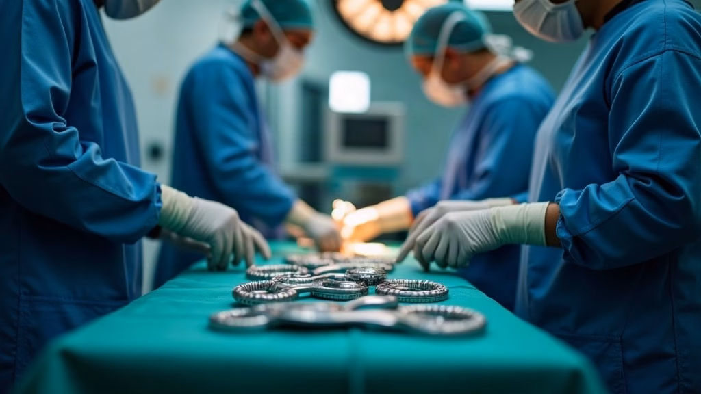 Johnson & Johnson stock analysis: in an orthopedic operating theater, anonymous surgical team in blue scrubs arranges titanium knee…