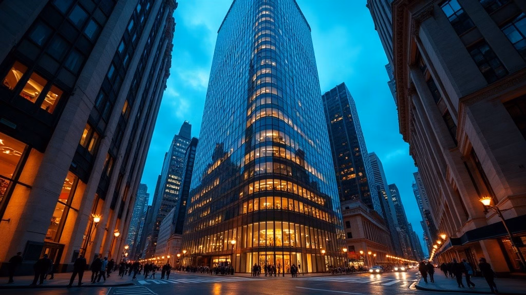 JPMorgan stock analysis: low-angle dusk view of a supertall glass-and-steel corporate bank headquarters rising above Midtown…