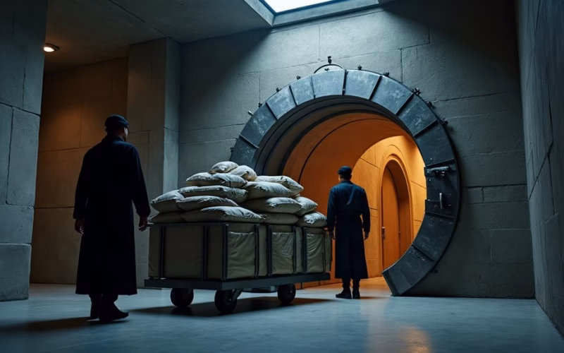 JPMorgan stock analysis: inside a limestone bank cellar, a massive circular polished-steel vault door stands open; two…