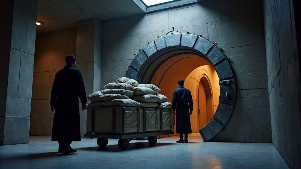 JPMorgan stock analysis: inside a limestone bank cellar, a massive circular polished-steel vault door stands open; two…