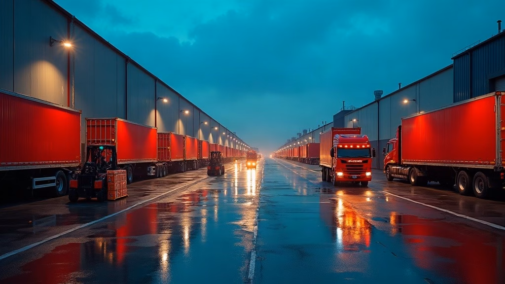 Coca-Cola Stock Analysis: at blue hour, a sprawling beverage distribution depot with long rows of red delivery trucks backed…