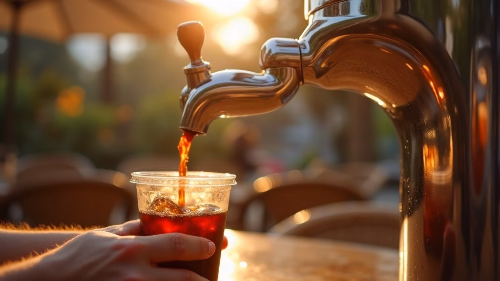Coca-Cola Stock Analysis: sunlit café patio, close-up of a chrome fountain drink dispenser with condensation and ice, dark…