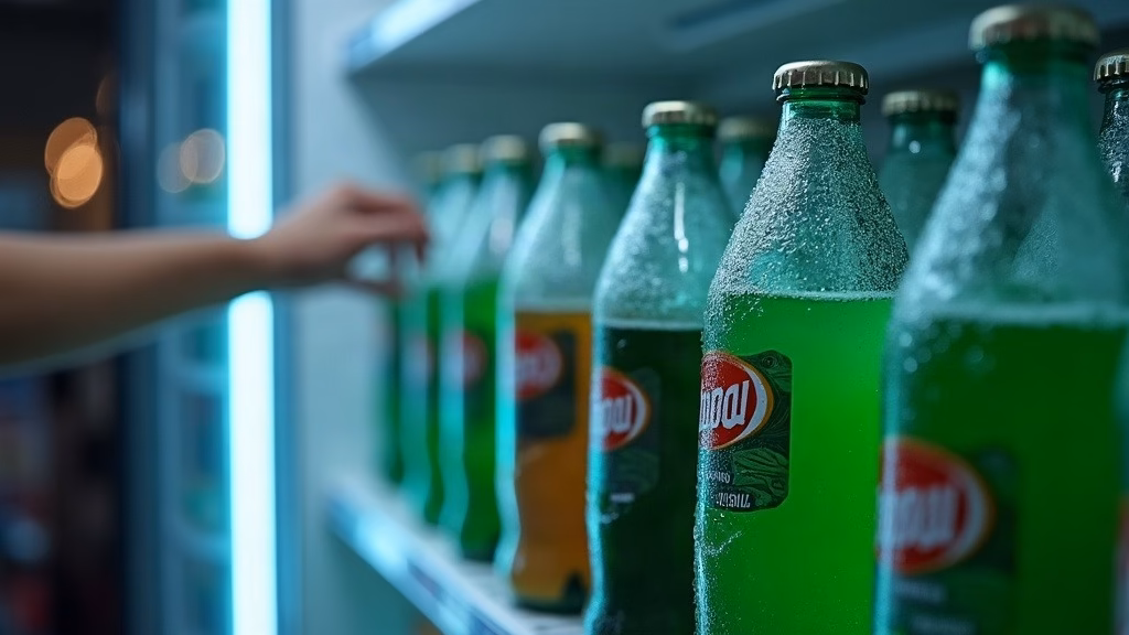 Coca-Cola Stock Analysis: supermarket beverage aisle, a shopper's hand pulling open a frosted glass cooler door, shelves of…