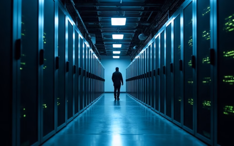 Meta Platforms stock analysis: long cool-blue-lit corridor inside a hyperscale data center in northern Sweden, rows of black…