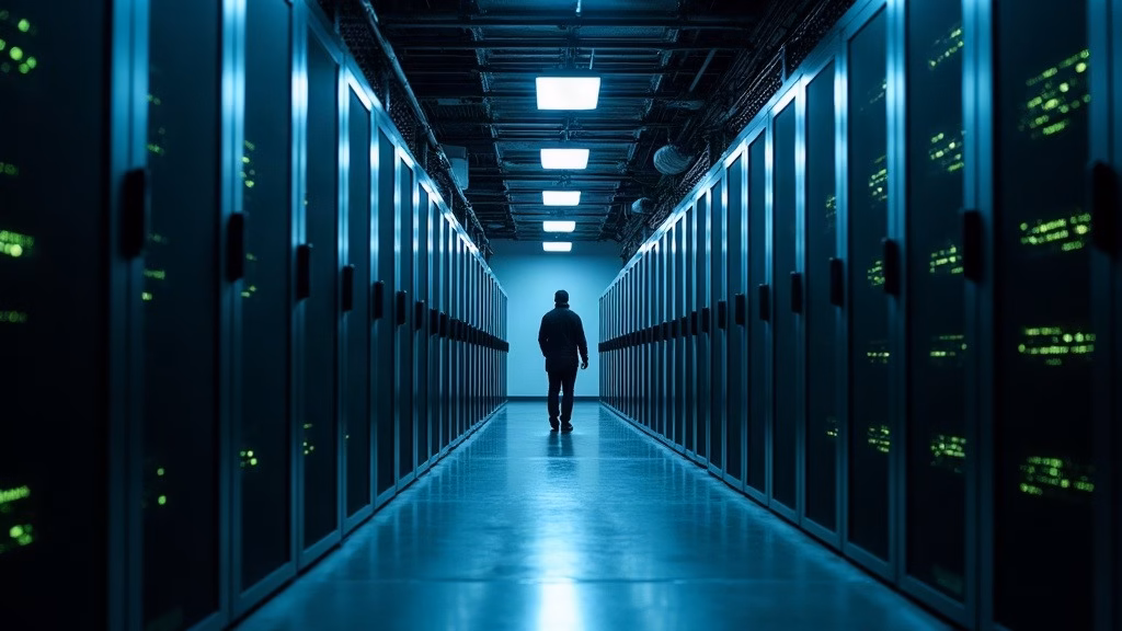 Meta Platforms stock analysis: long cool-blue-lit corridor inside a hyperscale data center in northern Sweden, rows of black…