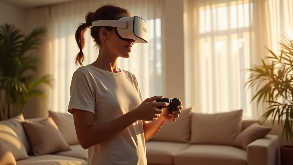 Meta Platforms stock analysis: a person wearing a sleek white virtual-reality headset stands in a sunlit living room, hands…